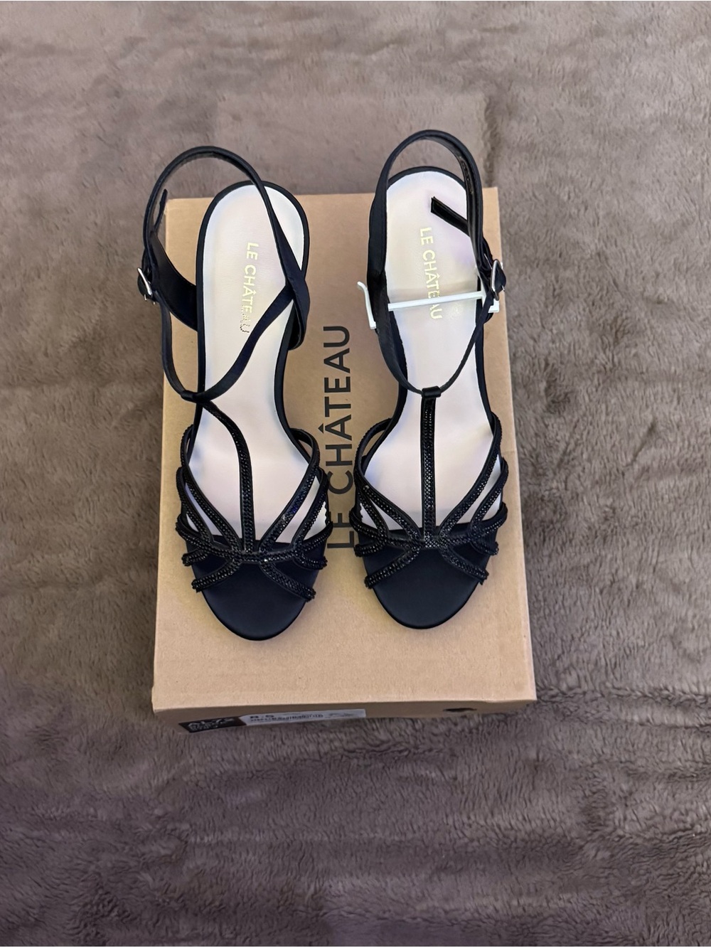 le chateau Brand New Sparkle Crystal Black Strappy T‑Bar Evening Satin Heels - Picture 13 of 15
